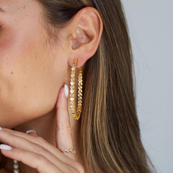 14k Gold Plated 60mm Heart Cubic Zirconia Rhinestone Hoop Earring for Women - Picture 6 of 7